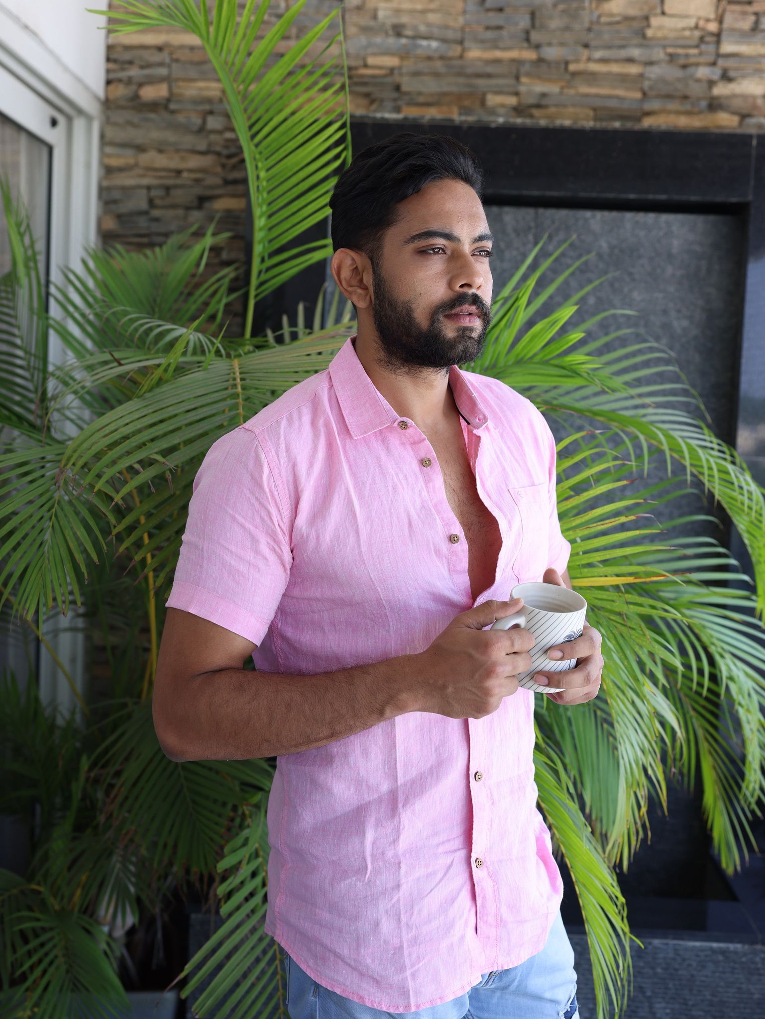 Men Light Pink Hemp Casual Half Sleeve Shirt