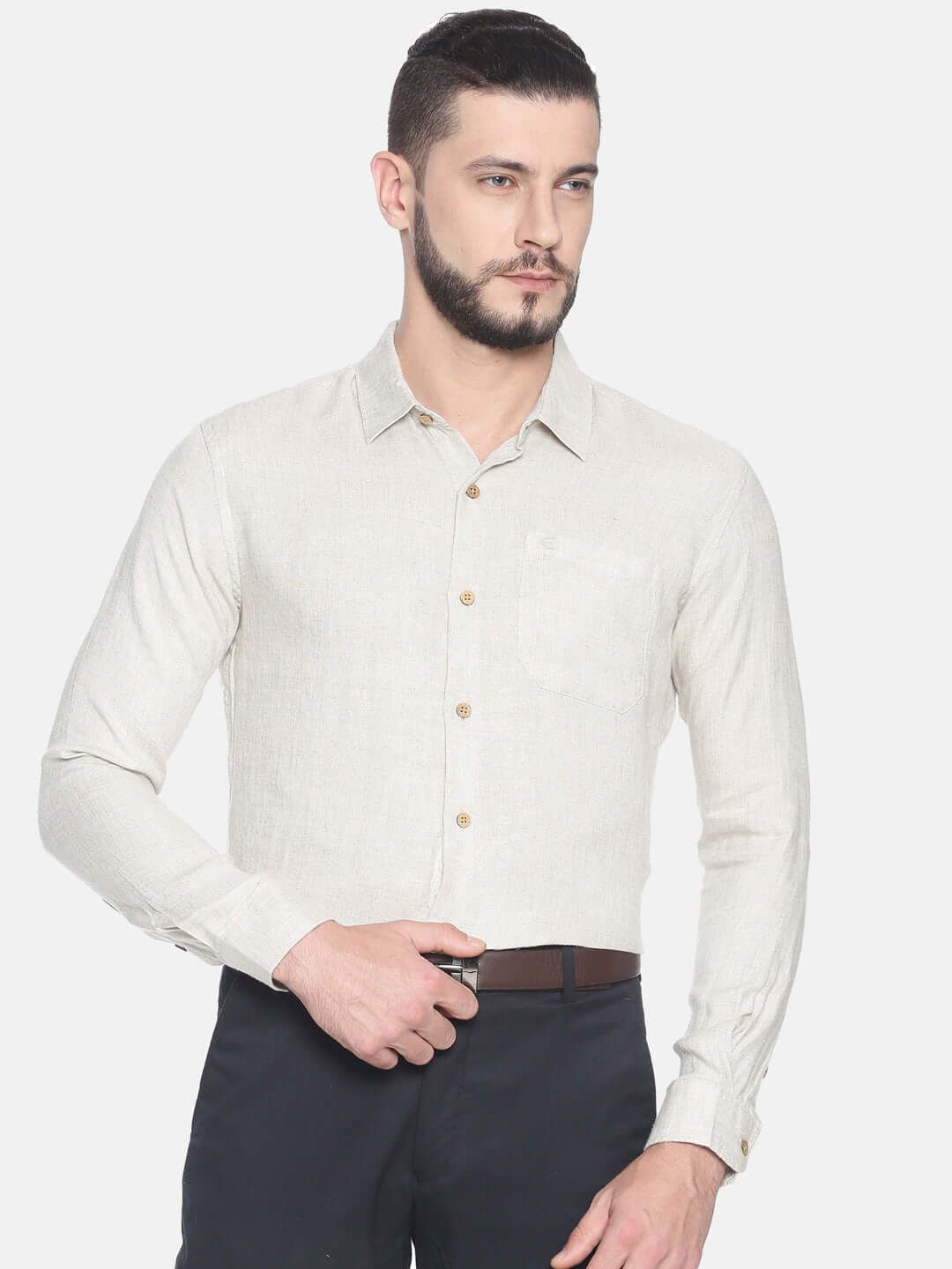 Men Beige Hemp Formal Full Sleeve Shirt