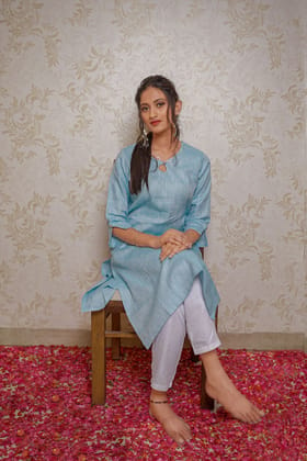 Women Hemp Blue Straight Kurta