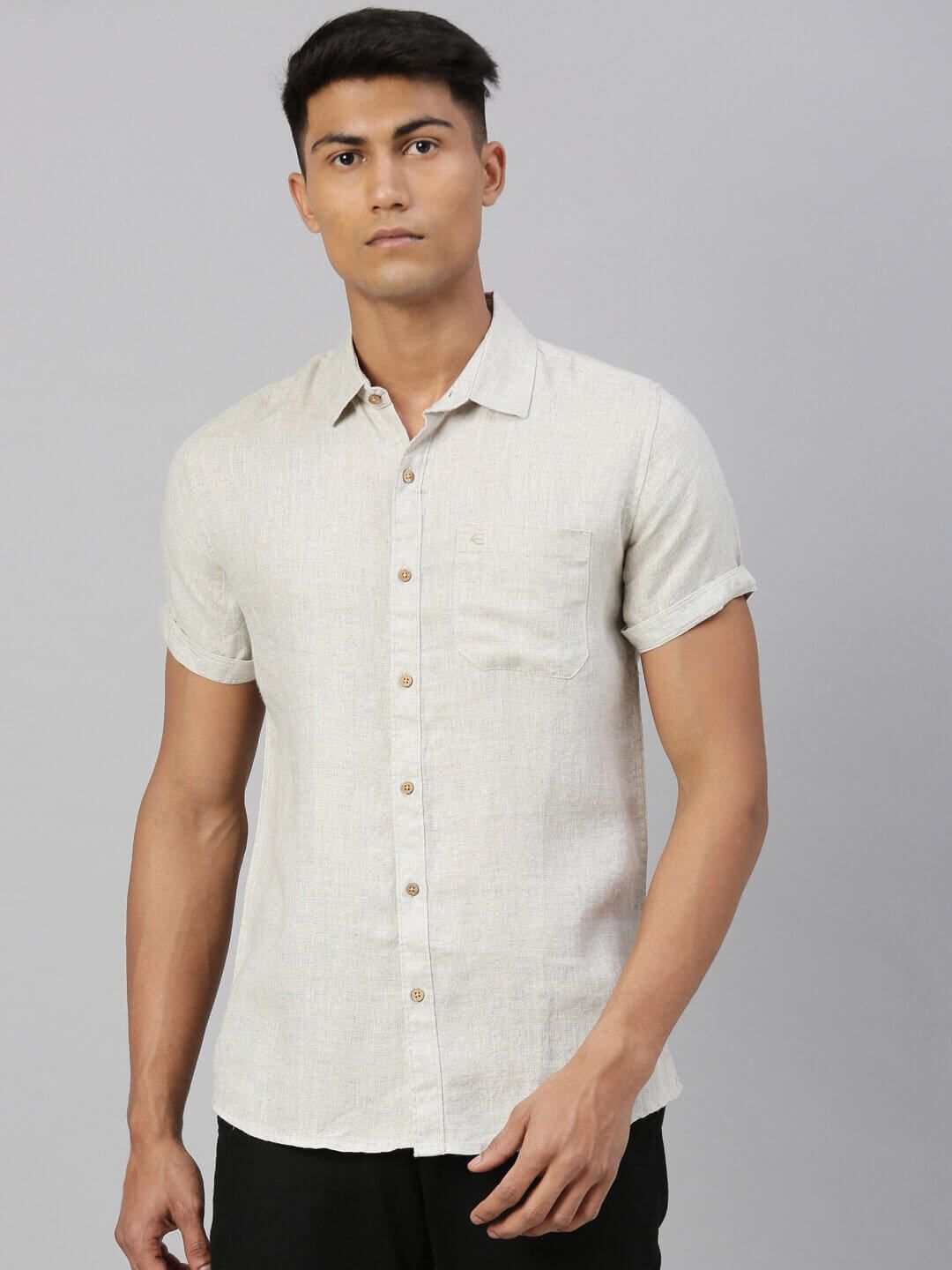 Men Beige Hemp Casual Half Sleeve Shirt