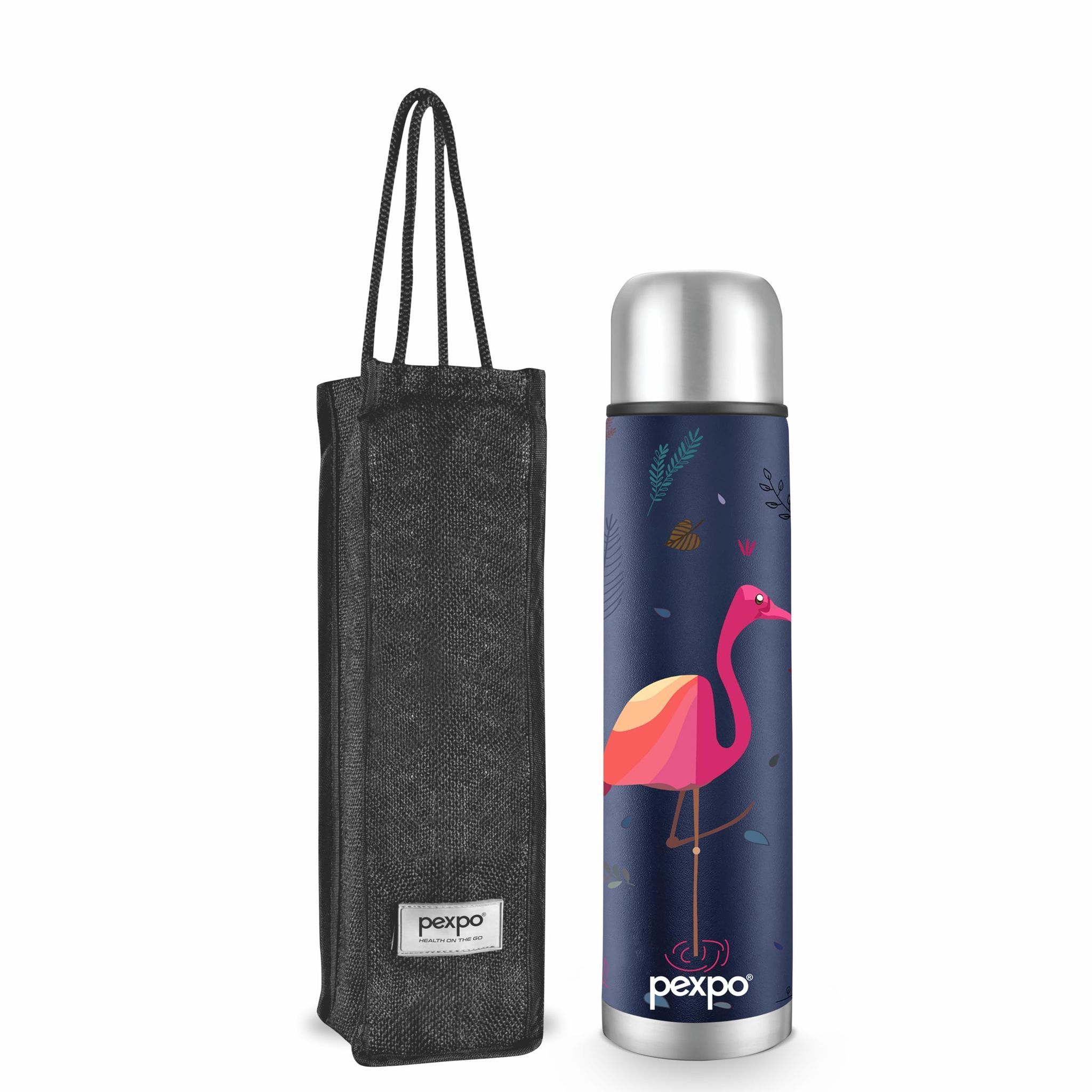 Pexpo Stainless Steel 24 Hrs Hot & Cold Vacuum Insulated ISI Certified  Flask with Jute Bag, 500ml, Denim Blue with Printed Design, Flamingo 