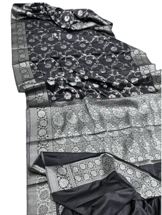 Katan Silk Handloom Banarasi Black With Silver Design Saree