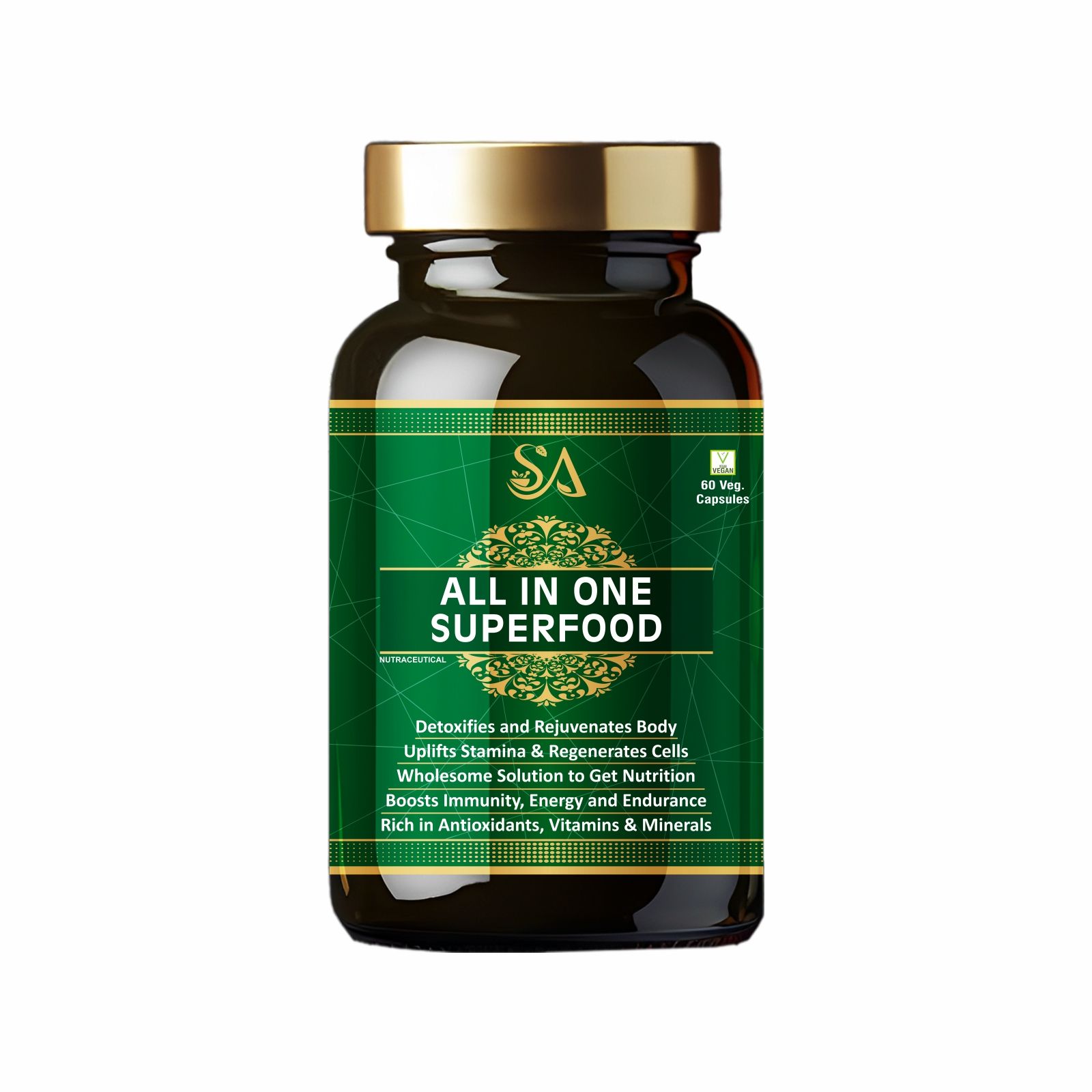 ALL IN ONE SUPERFOOD(All in one Superfood with Herbs, Veggies, Greens & Fruits Supplement | All-Natural Multivitamin & Multimineral Capsules for Men and Women | 60 Capsules)