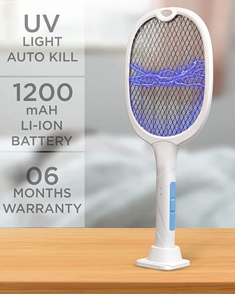 URBAN CREW Electric Fly Swatter Racket, Mosiller 2 in 1 Smart Bug Zapper with USB Rechargeable Base, Powerful Mosquitoes Trap Lamp & Fly Killer with 3-Layer Safety Mesh for Home, Bedroom, Kitchen (1Pc)