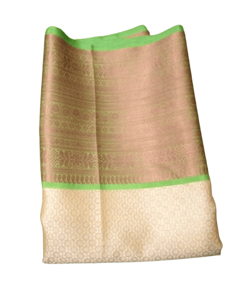 Zari Handwoven Banarasi Tussar Cream & Green Silk Saree With Beautiful Patterns & Borders