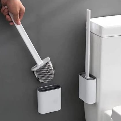 MANNAT Silicone Toilet Brush with Holder Stand for Western and Indian Toilets|Double Sided with Adhesive Wall Mount|No-Slip Long Handle Soft Silicone Bristles|Multicolour|Pack of 1)