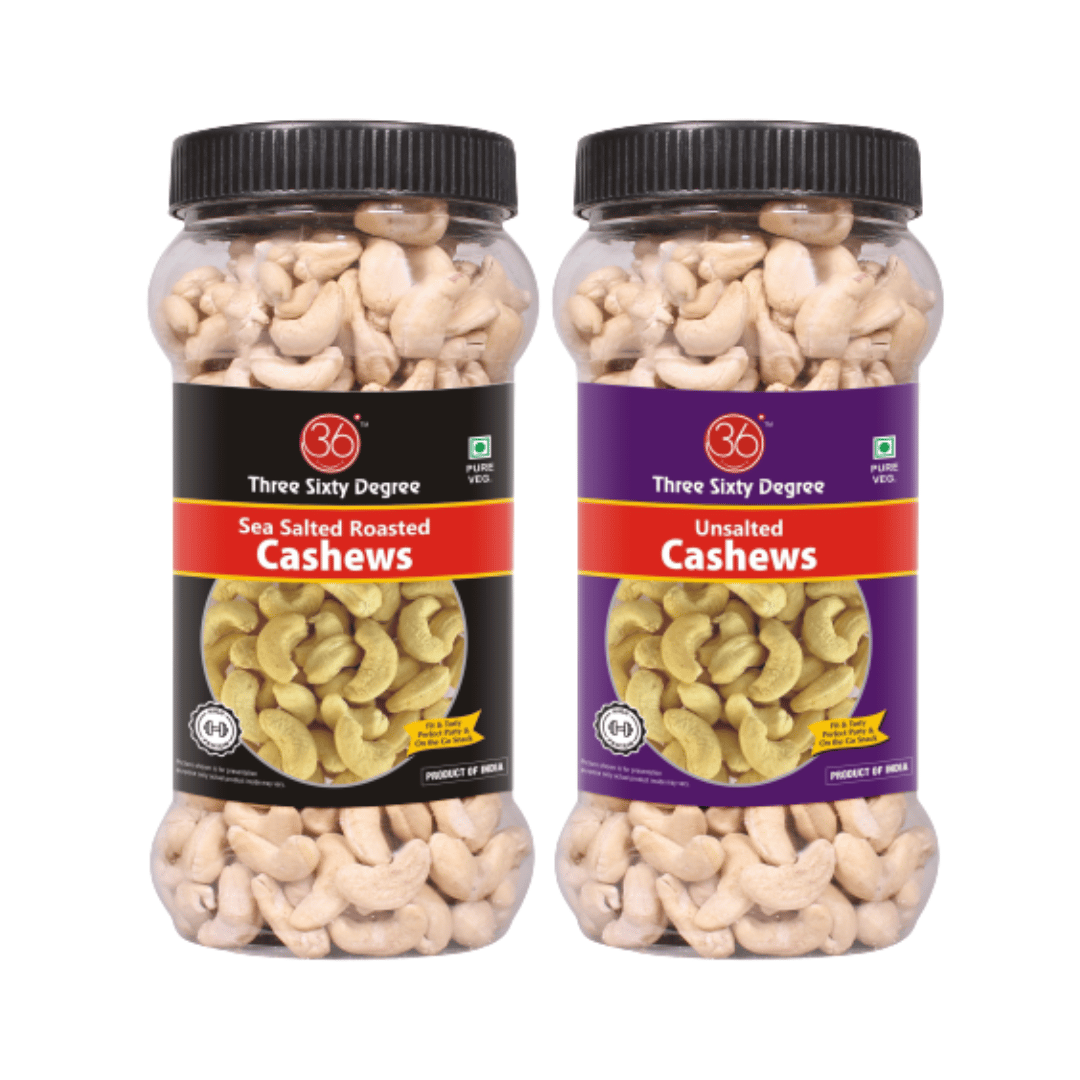 360 Three Sixty Degree Roasted Whole Salted + Unsalted Cashews 1 K.g ( 500 Grams x 2 ) JAR COMBO | Crunchy Kaju | Protein Rich Nutritious and Super Tasty