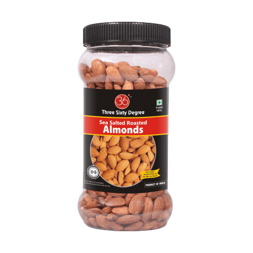 360 Three Sixty Degree Roasted Whole Salty Almonds In Jar 500 Grams| Crunchy Badam | Protein Rich Nutritious and Super Tasty