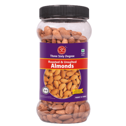 360 Three Sixty Degree Roasted Whole Unsalted Almonds In 500 Grams Jar | Crunchy Badam | Protein Rich Nutritious and Super Tasty