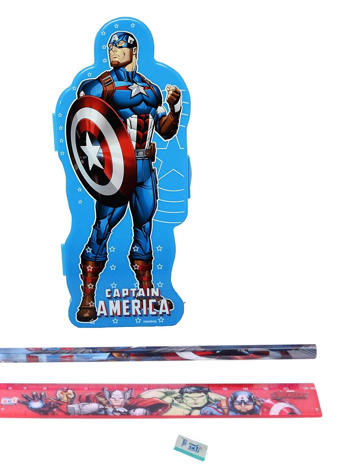 SKI School Mate Captain America Theme Shape Double Layer Pencil Box Stationery Holder for Boys and Girls with Pencil, Scale and Eraser Geometry Box Pencil Pouch