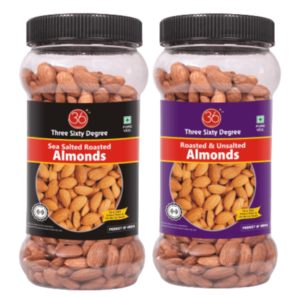360 Three Sixty Degree Roasted Whole Salted + Unsalted Almonds 1 K.g (500 Grams x 2 ) JAR COMBO | Crunchy Badam | Protein Rich Nutritious and Super Tasty