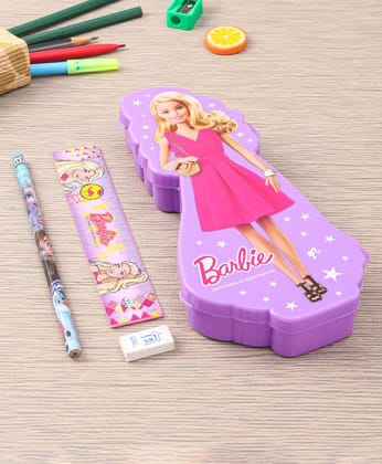 SKI School Mate Disney Barbie Theme Shape Double Layer Pencil Box Stationery Holder for Boys and Girls with Pencil, Scale and Eraser Geometry Box Pencil Pouch (Purple)