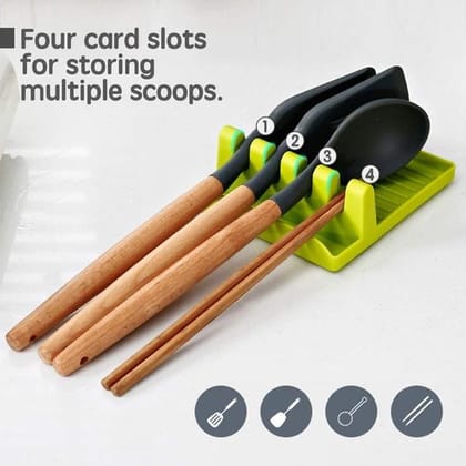 Urban Crew Utensil Storage Rack - Heat Resistant Silicone Spoon Rests Mat Stand Cooking 4-Slots Spatula Holder Tray