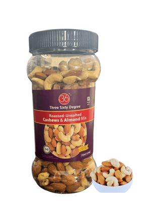 360 Three Sixty Degree Roasted Whole Unsalted Cashews Almonds MIX IN SMALL JAR 500 GM | Crunchy Badam, Crunchy Kaju, Protein Rich Nutritious and Super Tasty
