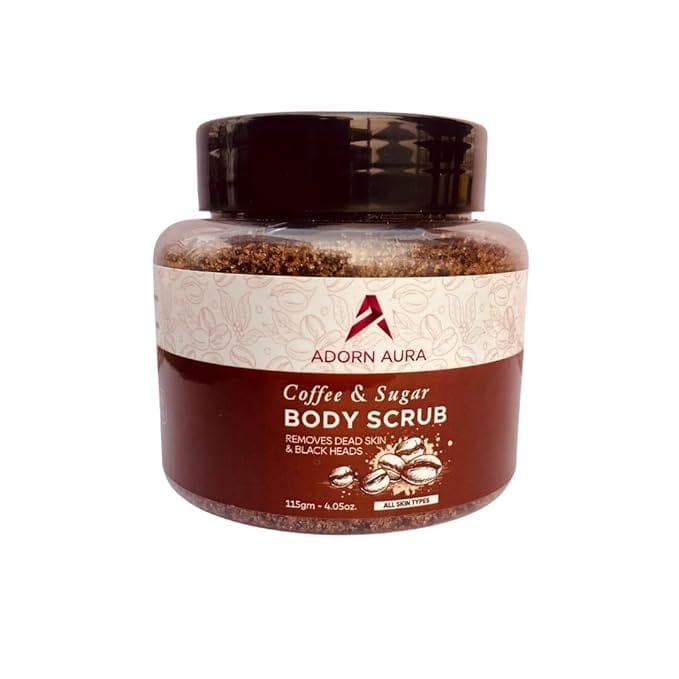 Adorn Aura Exfoliating Coffee Body Scrub for Tan Removal & Soft-Smooth Skin | For Women & Men | De-Tan Bathing Scrub with Coconut Oil, Removes Dirt & Dead Skin from Neck, Knees, Elbows & Arms - 110 gm