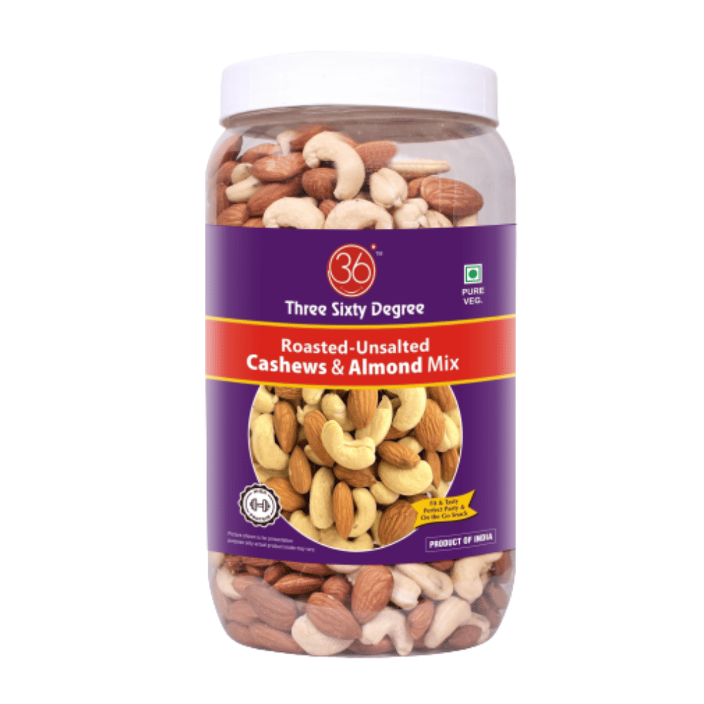 360 Three Sixty Degree Roasted Unsalted Cashew Almond MIX IN JUMBO JAR 950 Grams|Crunchy Badam & Kaju