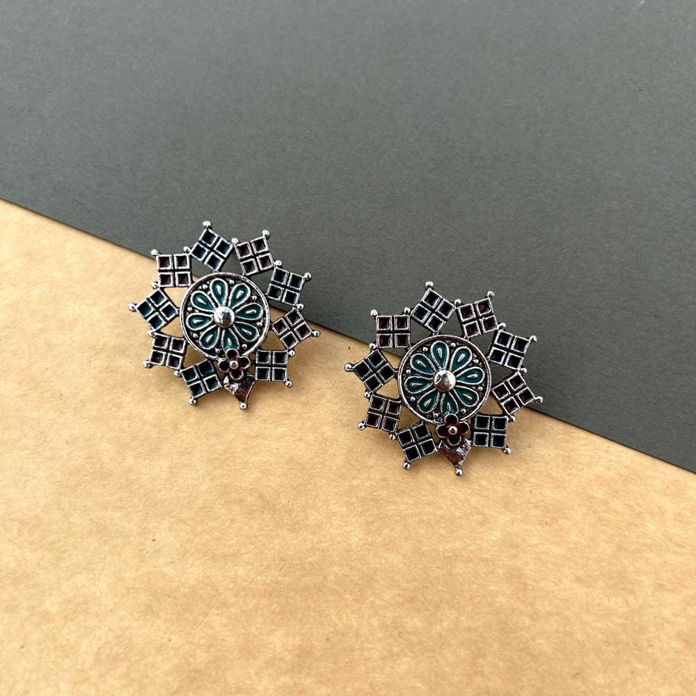 Oxidised Silver Plated Floral Enamel Designed Artwork Antique Earring For Women