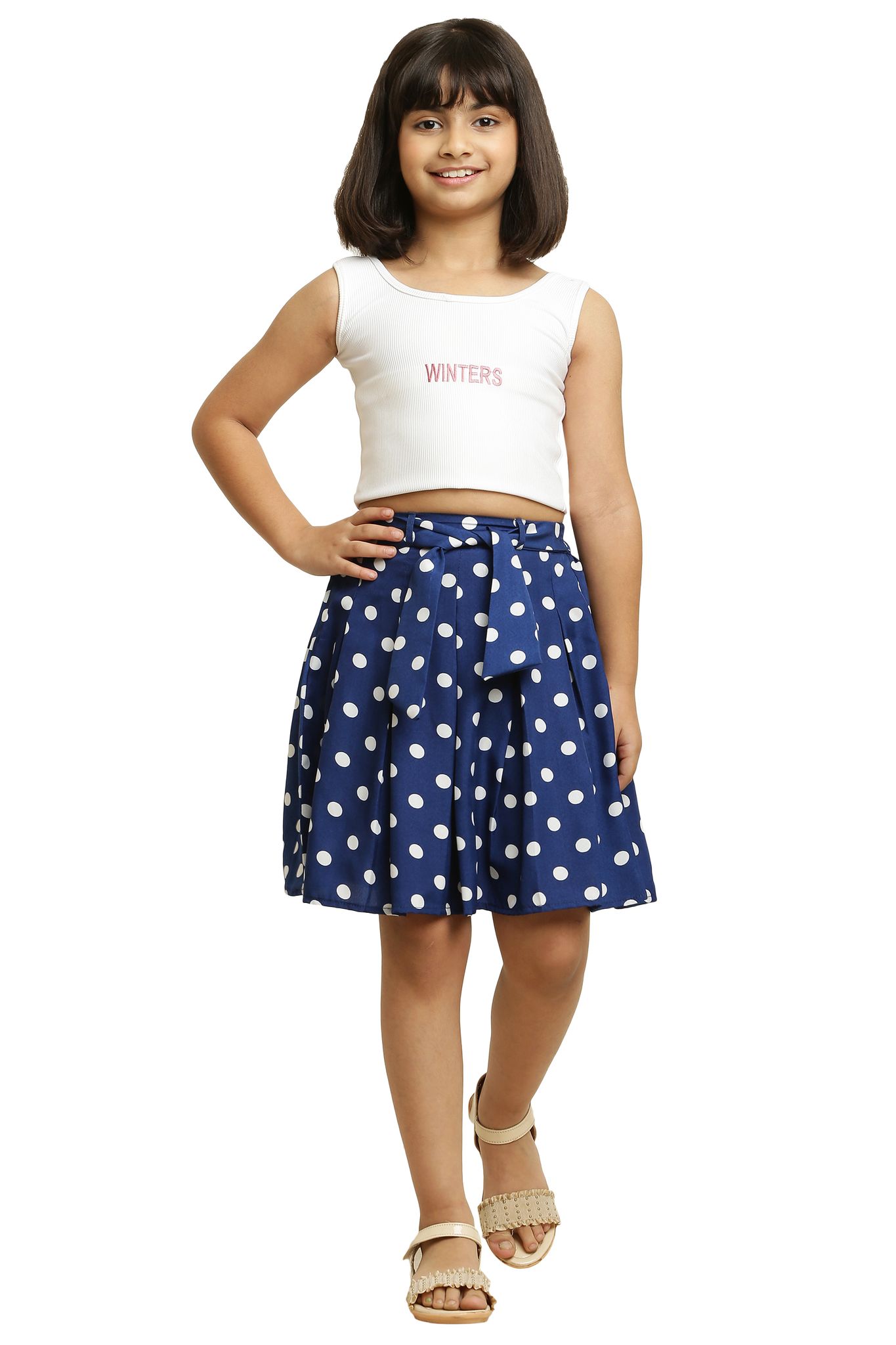 Stylish Blue Dot Skirt with Elastic & Ribbon for girls.