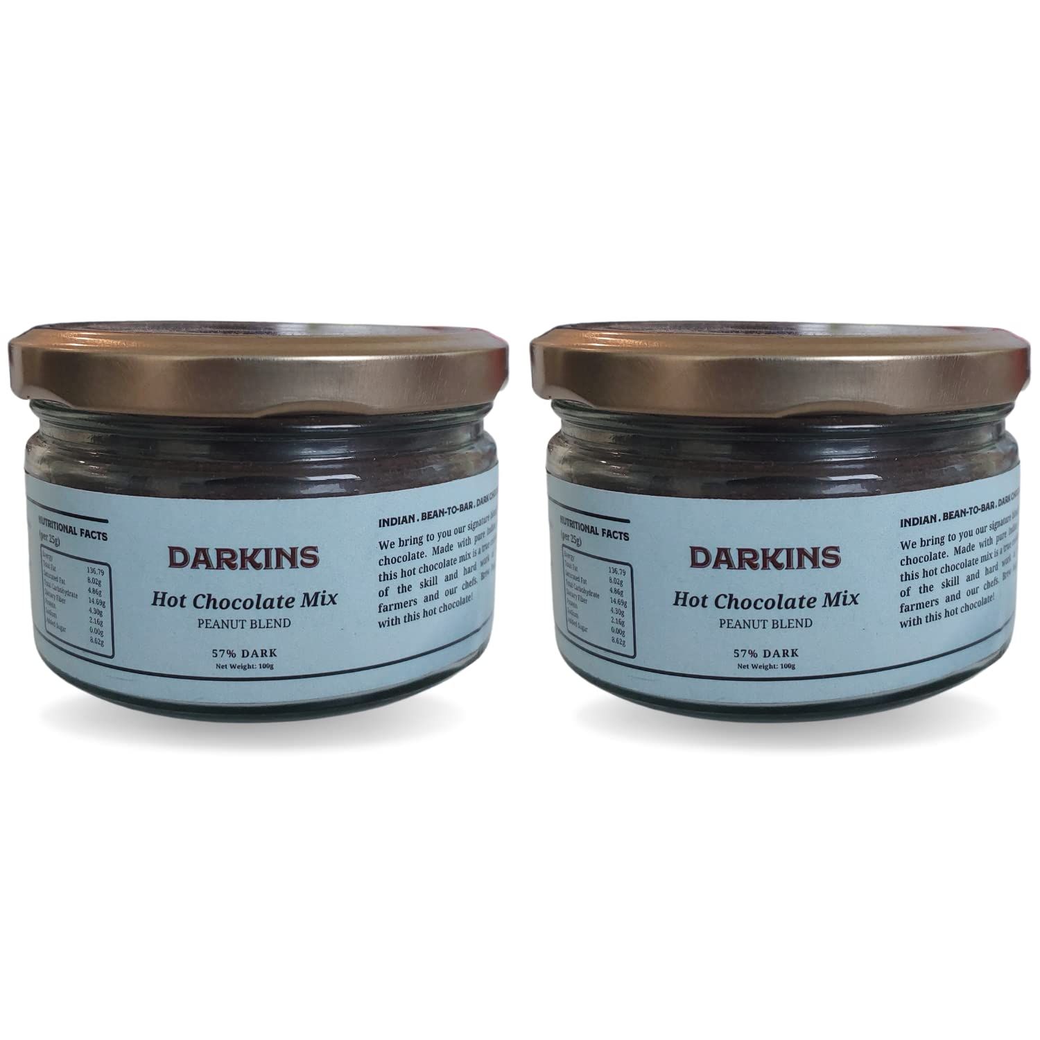 DARKINS 57% Hot Chocolate Mix Peanut Blend Spread | Vegan Chocolate | Gluten Free Chocolates | Unrefined Cane Sugar | Protein Rich, Flavourful & Traditional | 100g Each Pack of 2