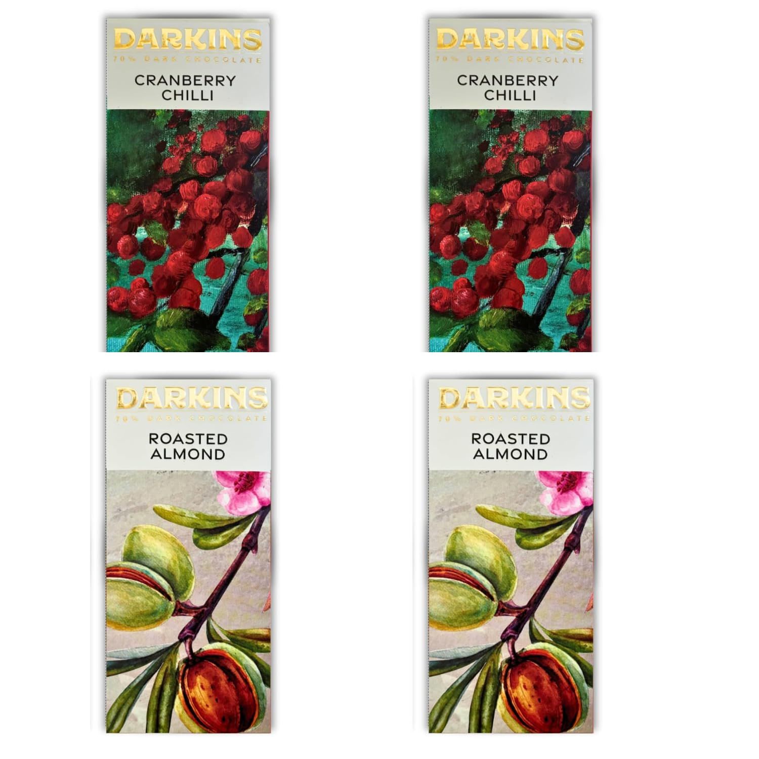 DARKINS Dark Chocolate | 70% Chocolate Cranberry & Chilli | 70% Chocolate Roasted Almond | Gluten-Free | Hand Crafted | Unrefined Cane Sugar | Natural Chocolate Bar | 50 Gm Each Pack of 4