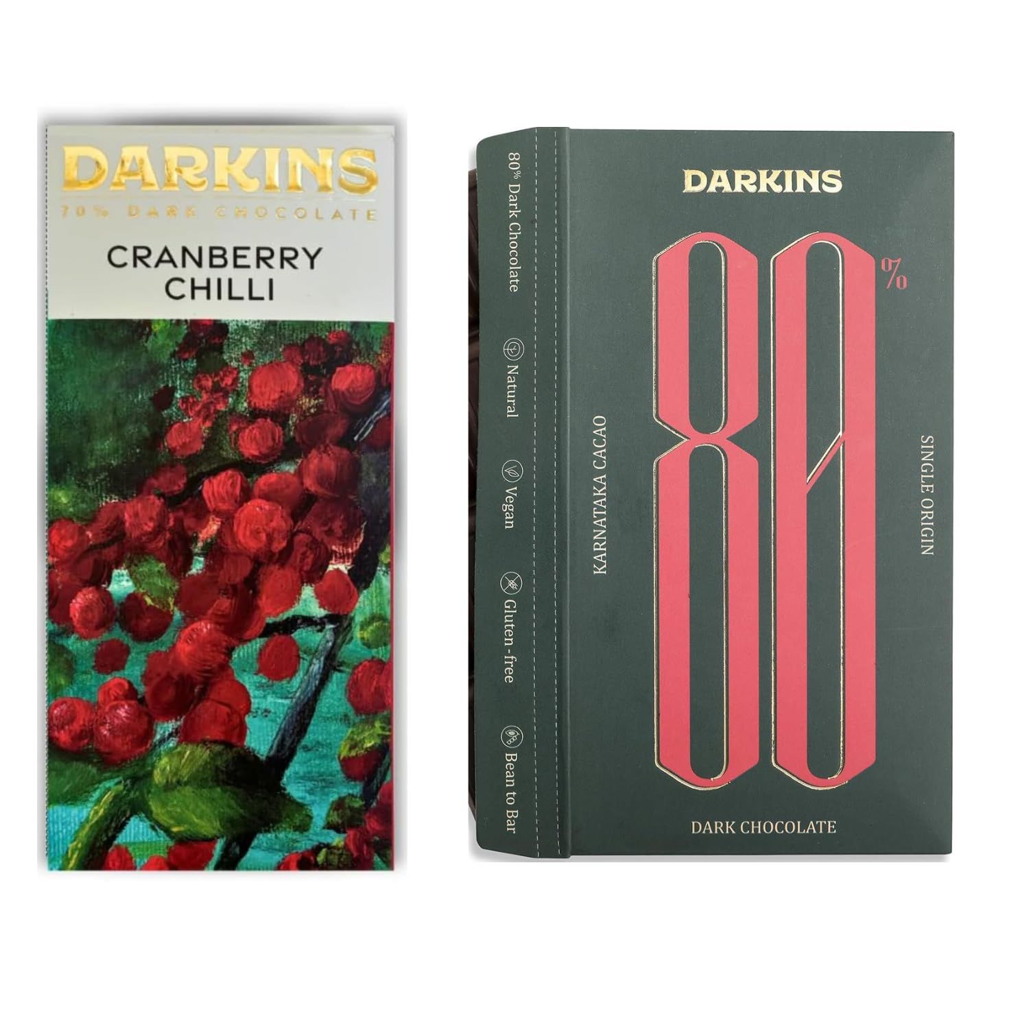 Darkins Dark Chocolates | 70% Dark Chocolate With Cranberry & Chilli | 80% Dark Chocolate Single Origin | Vegan | Natural | Bean To Bar | Cacao Beans | Unrefined Cane Sugar | Pack Of 2