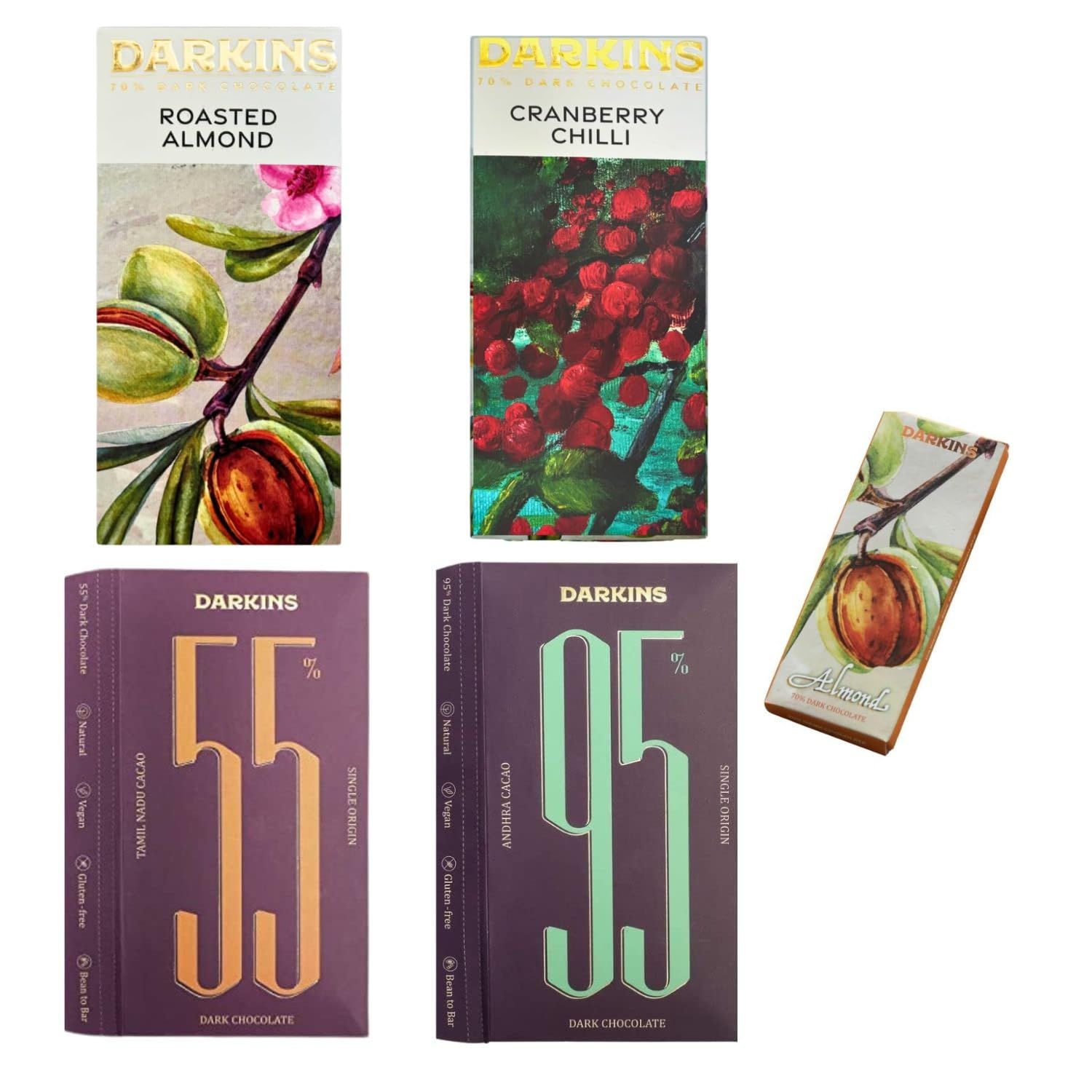 DARKINS Combo Pack of 4 With Free 35g Almond Bar | 70% Roasted Almonds | 70% Cranberry Chilli | 55% Single Origin | 95% Single Origin | Vegan | Gluten-Free | Natural�Chocolates�Bar