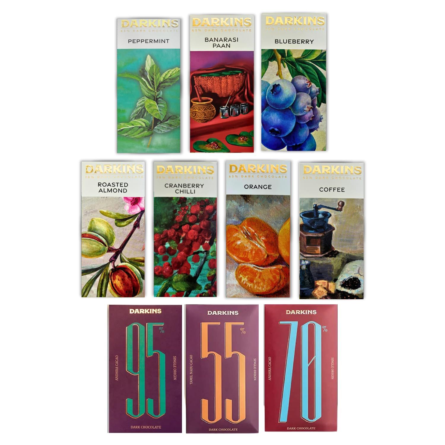 DARKINS Dark Chocolate 65% Coffee | 70% Almonds | 63% Orange | 70% Blueberries | 63% Peppermint | 70% Cranberry | 63% Banarasi Paan Chocolates Bar 50 GM Each | 95% 55% 70% Dark Chocolate 65 GM Pack of 10