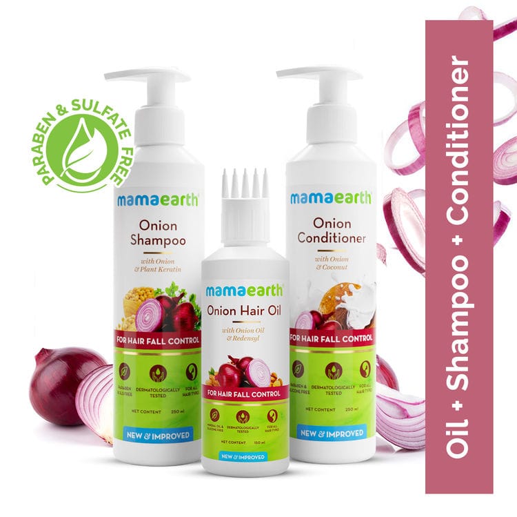 Mamaearth Onion Anti Hair Fall Spa Range with Shampoo(250 ml) + Conditioner(250 ml) + Oil for Hair Fall Control(150 ml) Pack of 3