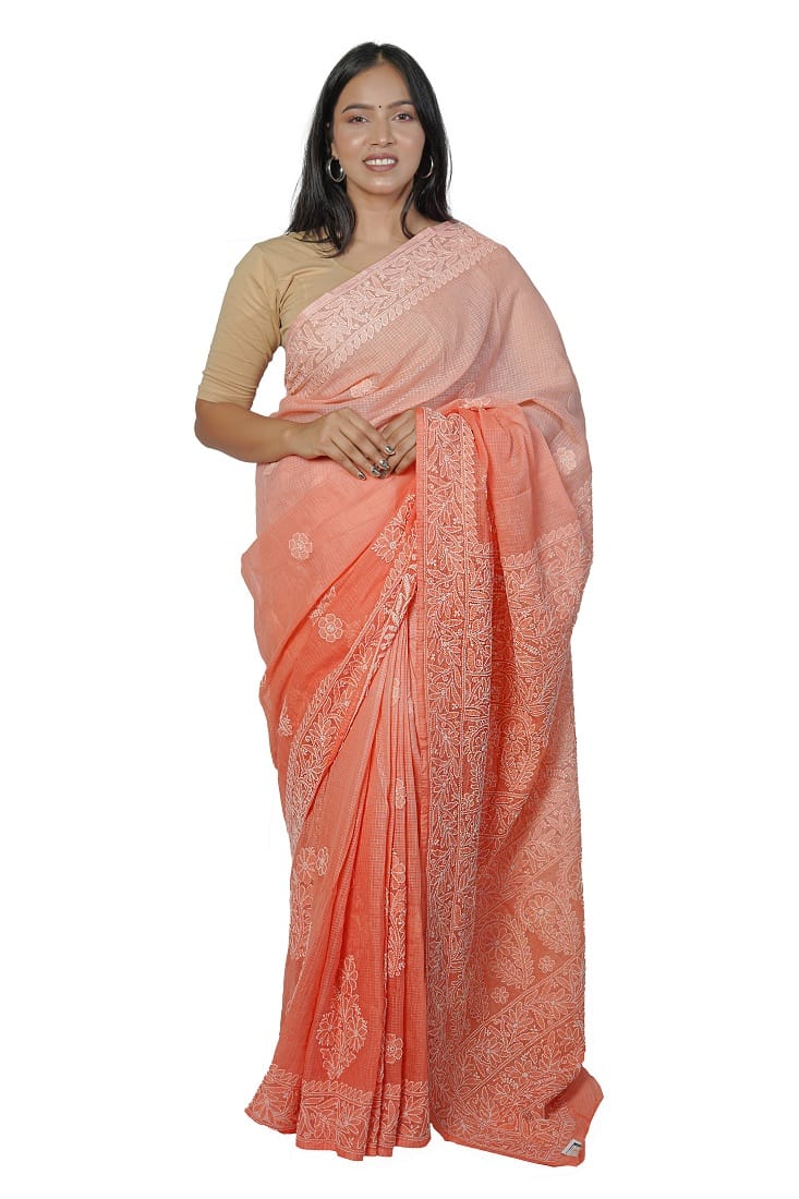 VASU INC. Handmade Lucknow Chikankari Ombre Orange Dyed Kota Doriya Saree ms003