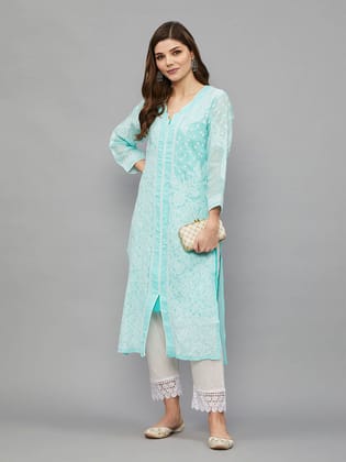 Chikankari Voile Cotton Front Slit Kurta with Slip-2442