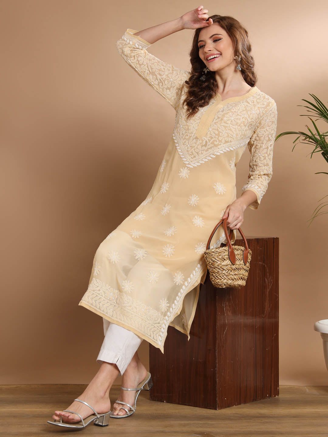 Chikankari Faux Georgette Beige kurta With Slip-2543