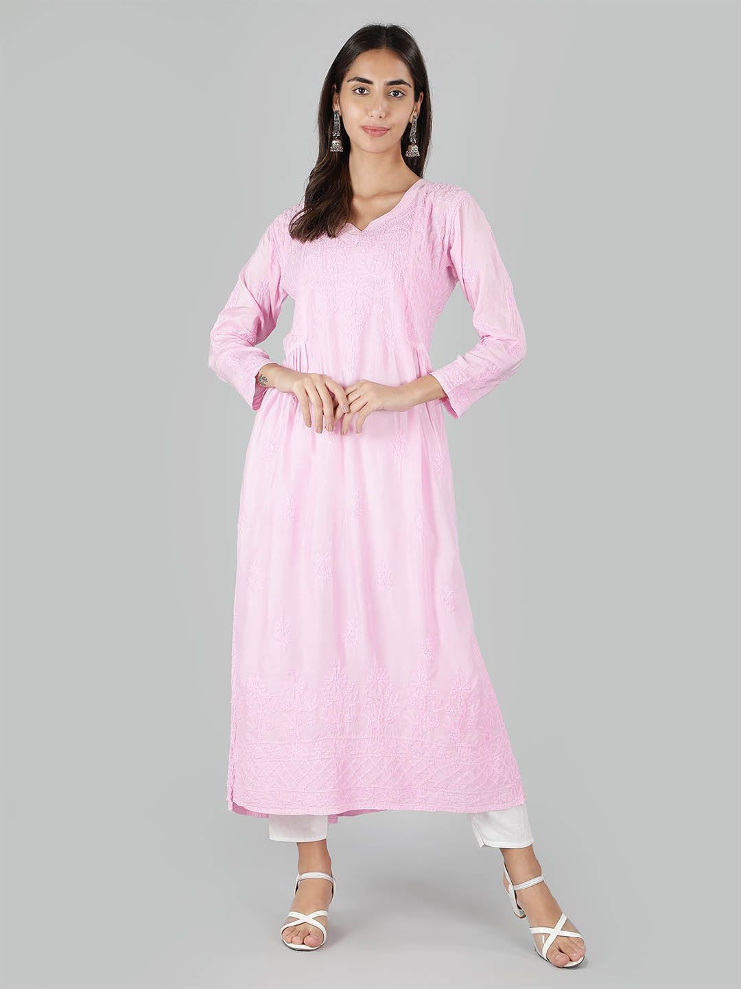 Lucknowi Chikankari Dyeable Naira Cut Kurti- 2523