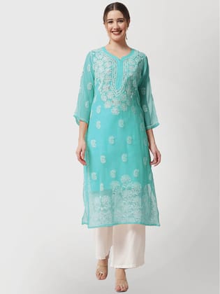 Women Hand-Embroidered Yellow Chikankari Kurti with Slip-2489