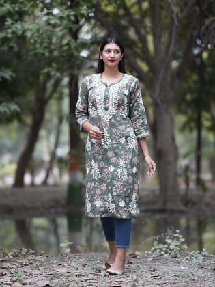 Chikankari Hand Embroiderd Mulmul Cotton Straight Kurta with Pant-2581-139B