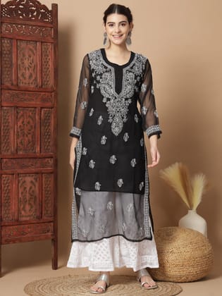 Hand Embroidered Chikankari Georgette Kurta with Slip and Sharara-2432-140