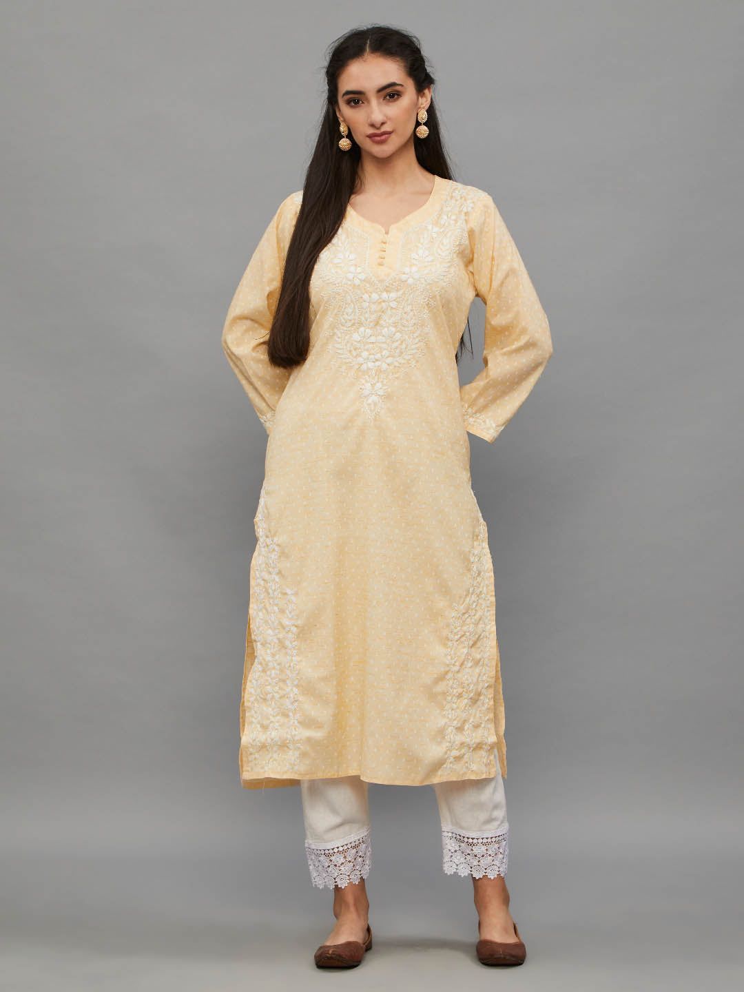 Ethnava Chaikankari Hand Embroidered Cotton Beige Straight Kurta-2350