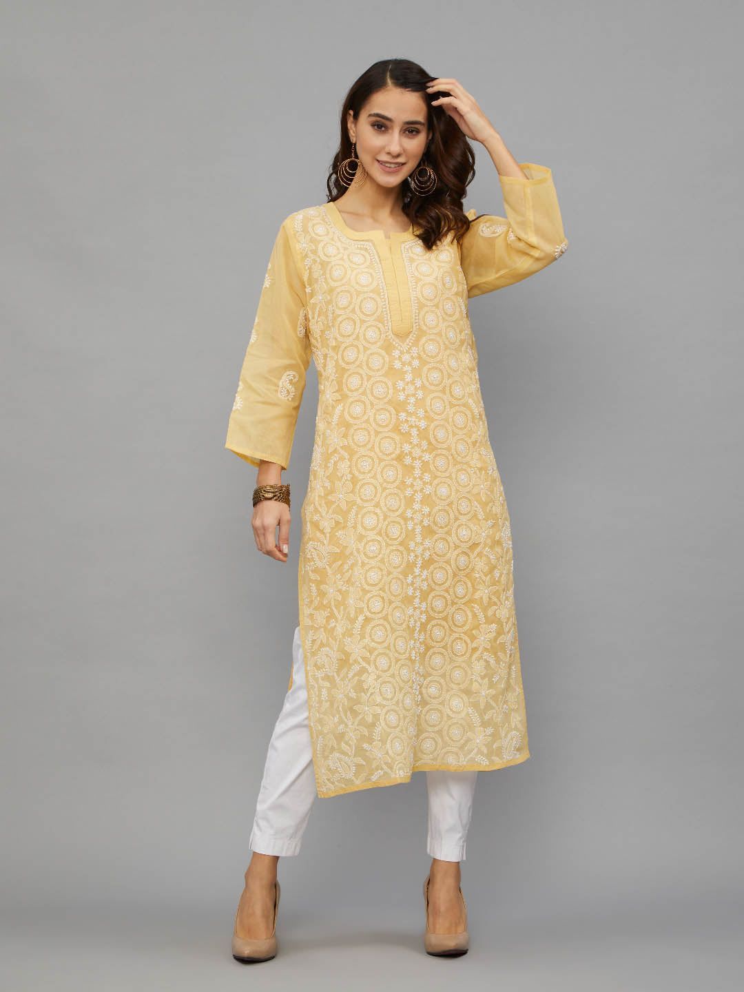 Chikankari Hand Embroidered Voile Cotton Beige Kurta with Slip-2380