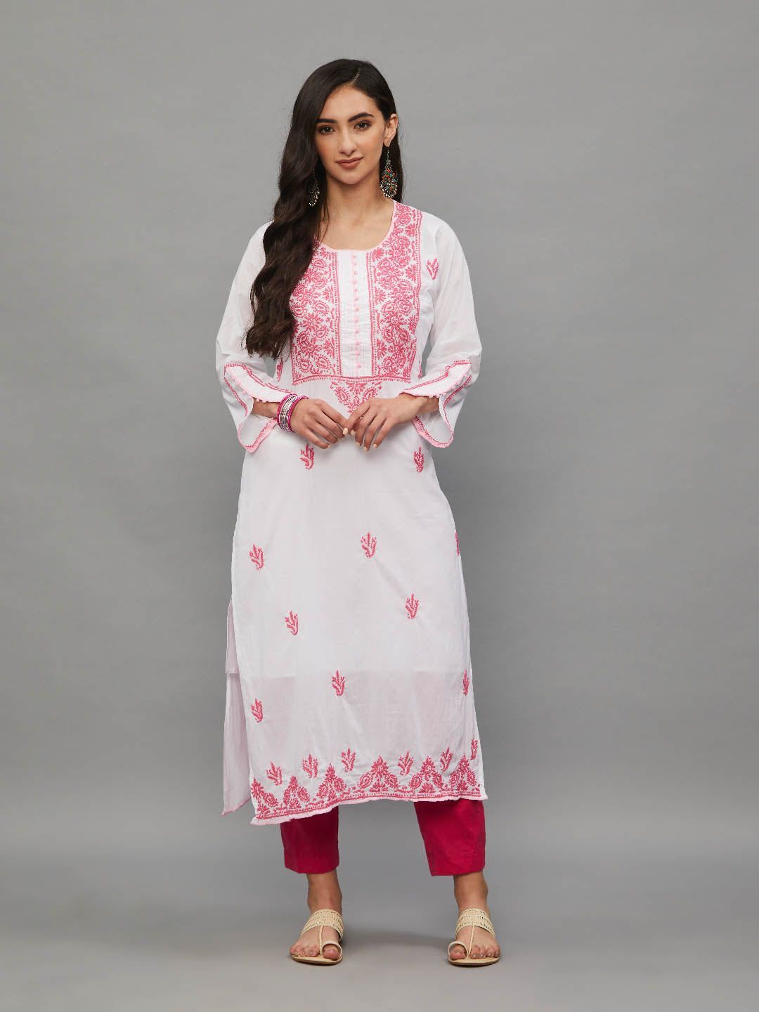 Chikankari Hand Embroidered Cotton Babypink Straight Kurta-2284