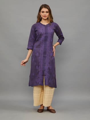 Chikankari Hand Embroidered Khadi Cotton Straight Kurta-2354