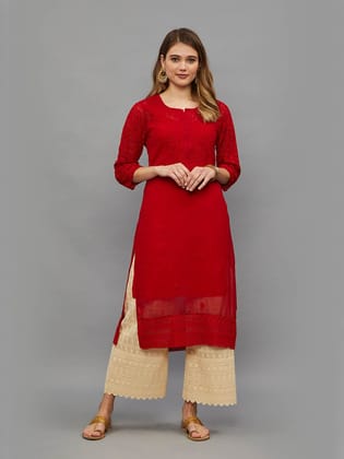 Chikankari Hand Embroidered Haqooba Georgette Red Kurta with Slip-2319