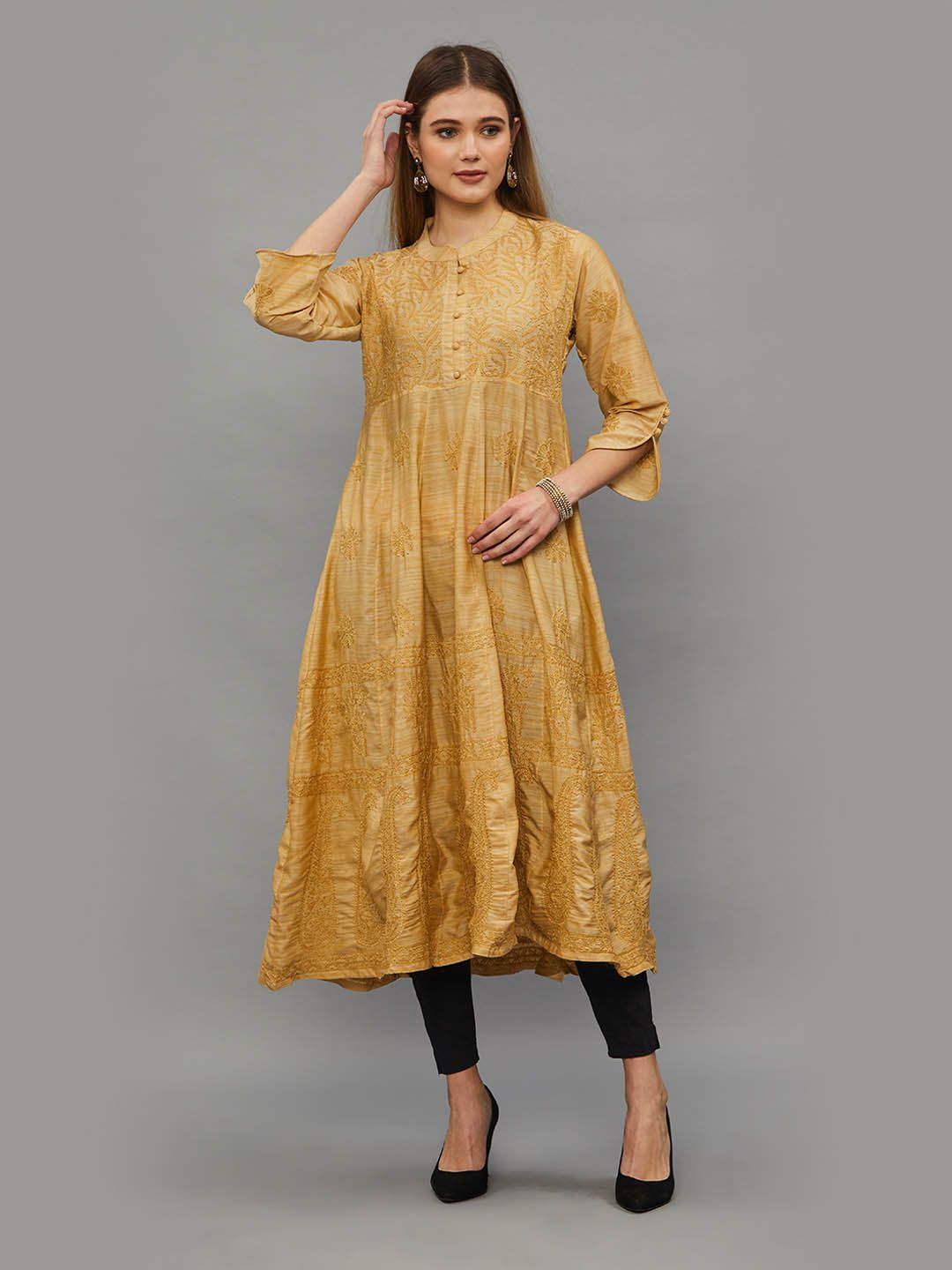 Chikankari Hand Embroidered Apple Silk Gown-2370