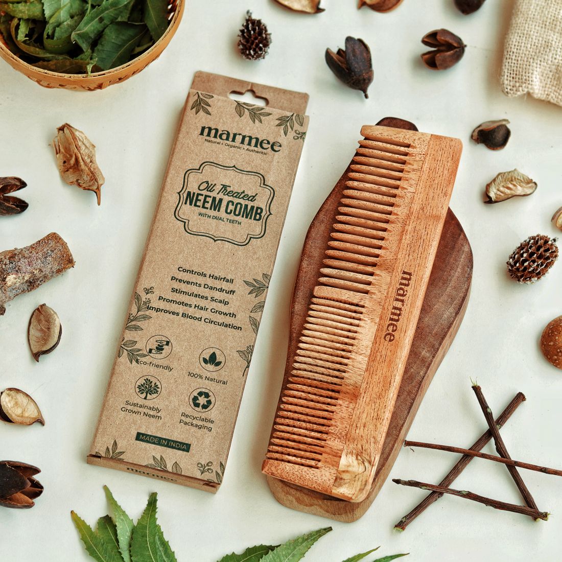 OIL TREATED NATURAL NEEM WOODEN COMB WITH DUAL TEETH