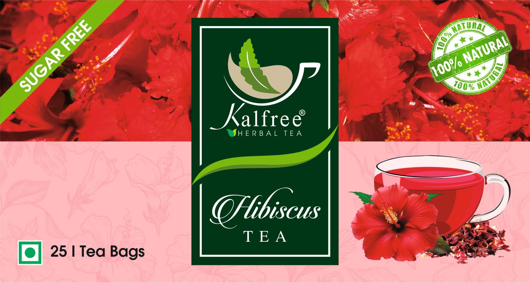 KALFREE Hibiscus Flower Tea - Natural Colorant and Stress Reliever - Includes 25 Pcs of Tea Bag of Dehydrated Ayurvedic Flowers