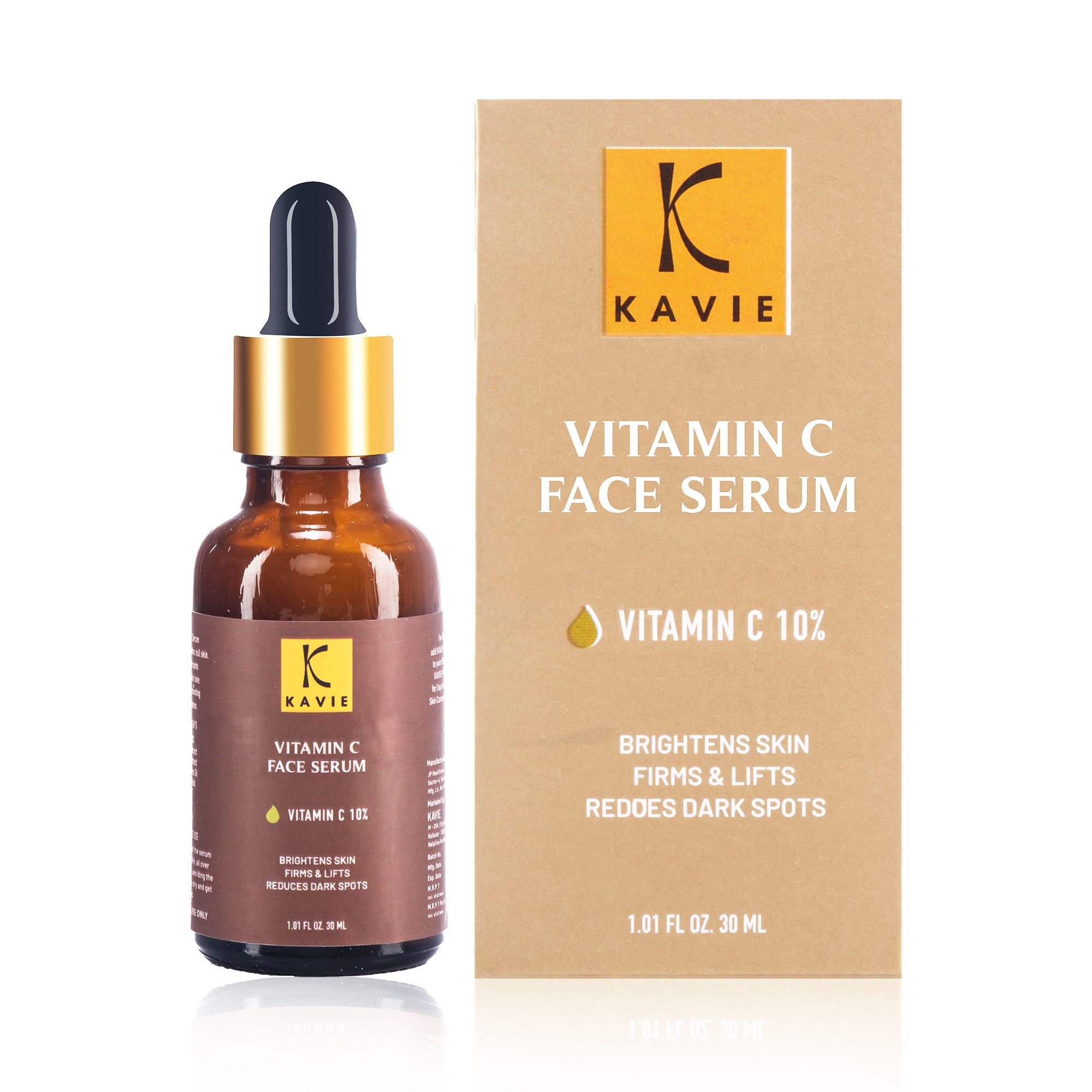 KAVIE Vitamin C 10% Face Serum with Hyaluronic Acid, Vitamin E& F | for Skin Brightening | Reduces Dark Spots