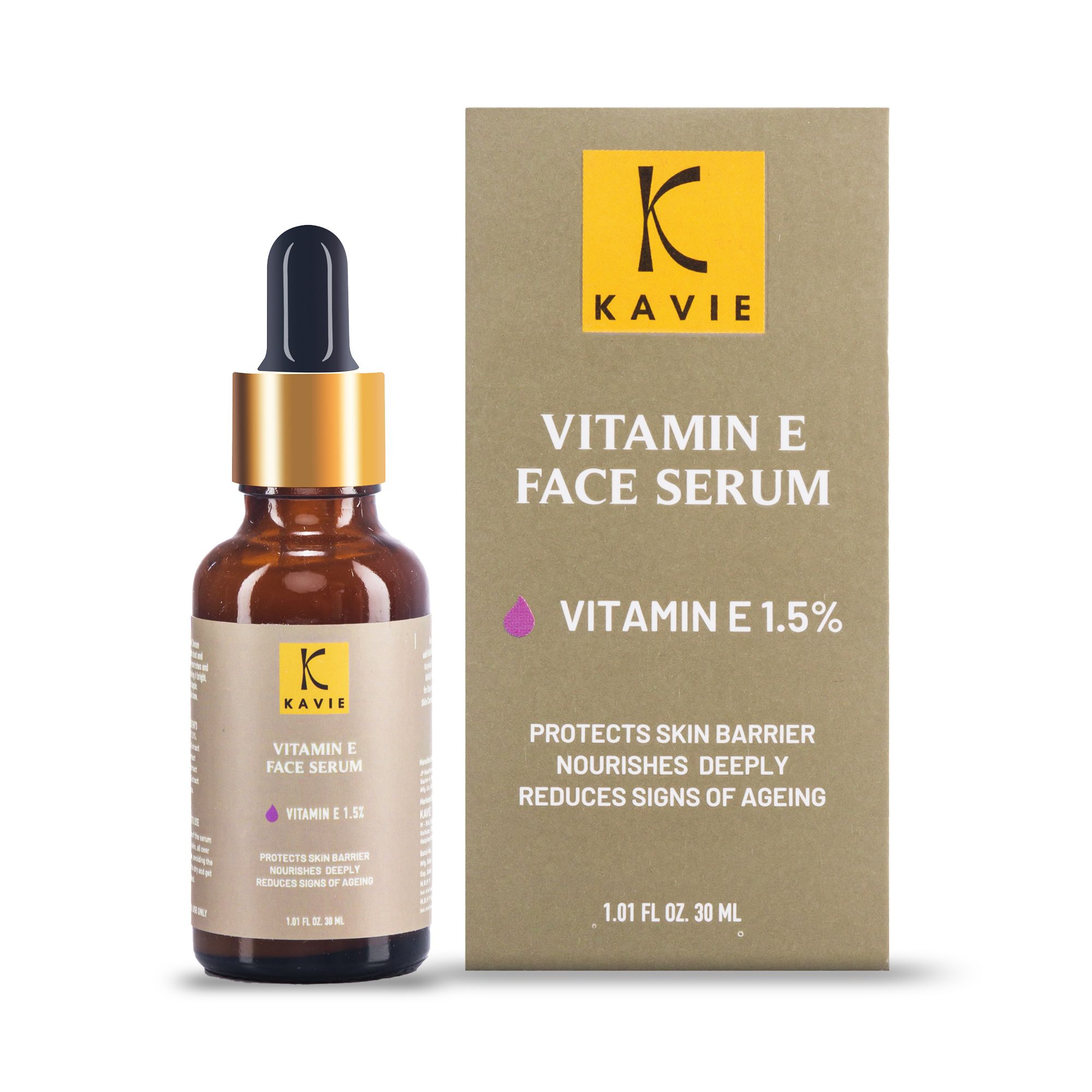 KAVIE Pure Vitamin E Serum 1.5% with Green Tea, Olive, Coffee, and Gotu Kola Extracts - Natural Antioxidant Formula for Skin Brightening and Youthful Glow | Anti-Ageing