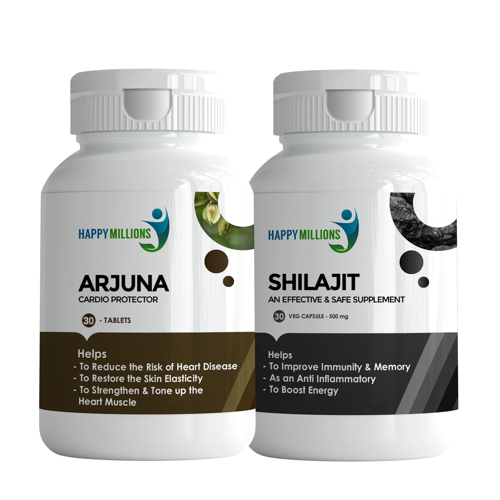 Happy Millions Ayurvedic Arjuna And Shilajit | Combo Pack Of 2 (30 + 30 Tablets)