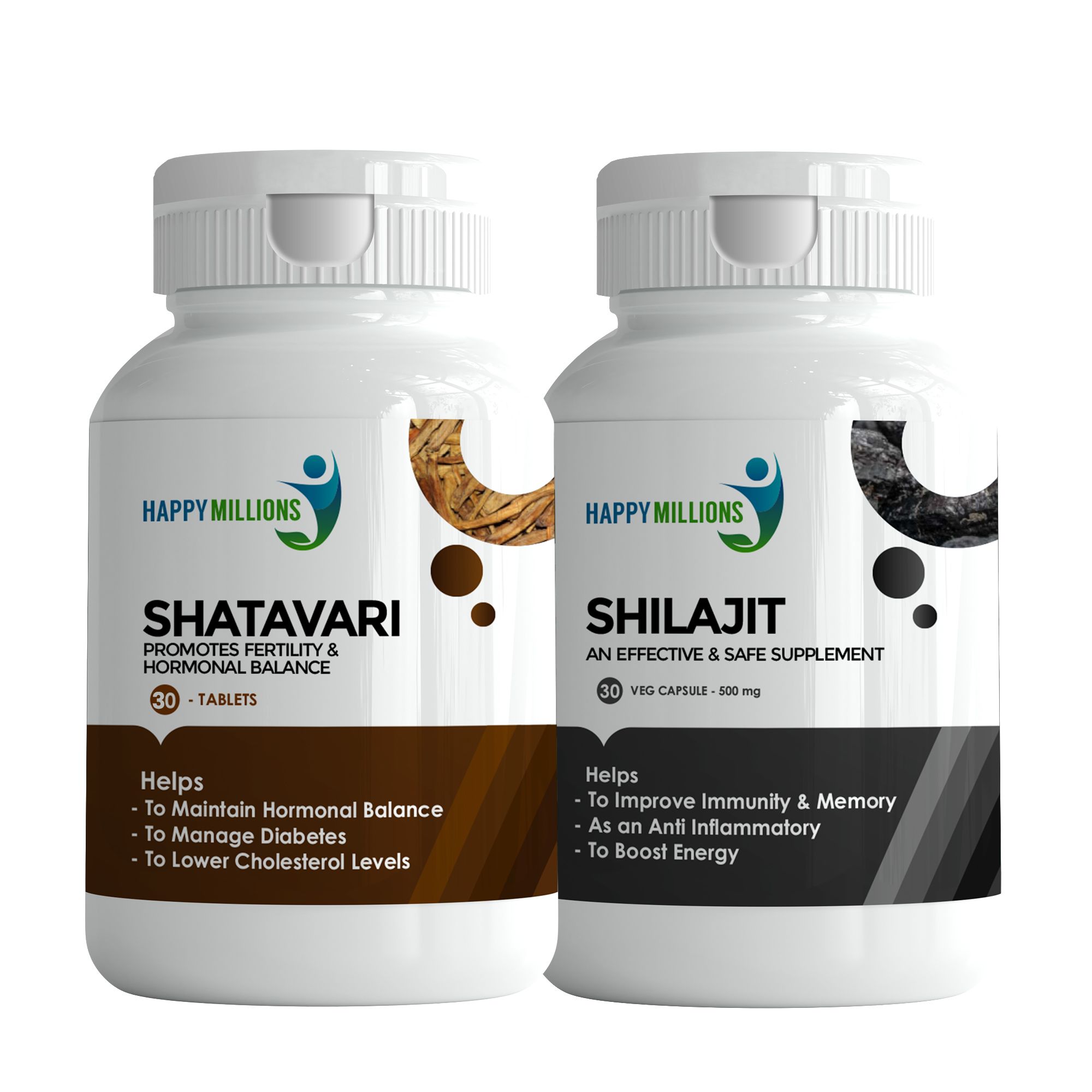 Happy Millions Ayurvedic Shatavari And Shilajit || Combo Pack of Two || (30+30) Tablets