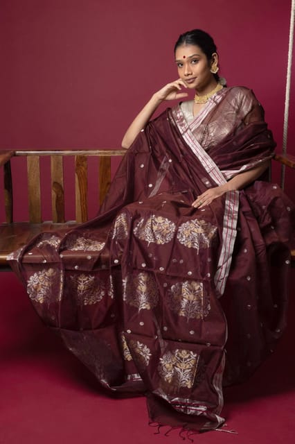 Buy Peach Cotton Chanderi Saree With Zari Floral Motifs And Unstitched  Blouse Piece