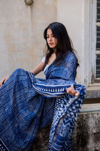 Kaisori Malhar - Dabu Stripes Indigo Silk Cotton saree