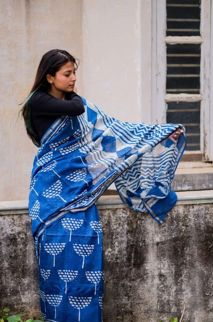 Kaisori Malhar - Dabu Lotus Indigo Silk Cotton saree